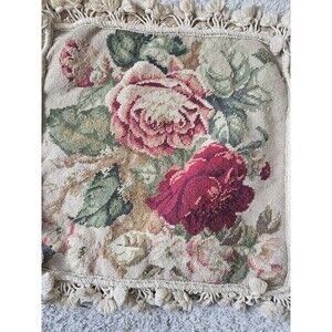 Needlepoint Rose Bouquet Flower Pillow Ivory Velvet Back Tassled Fringe Wool Vtg